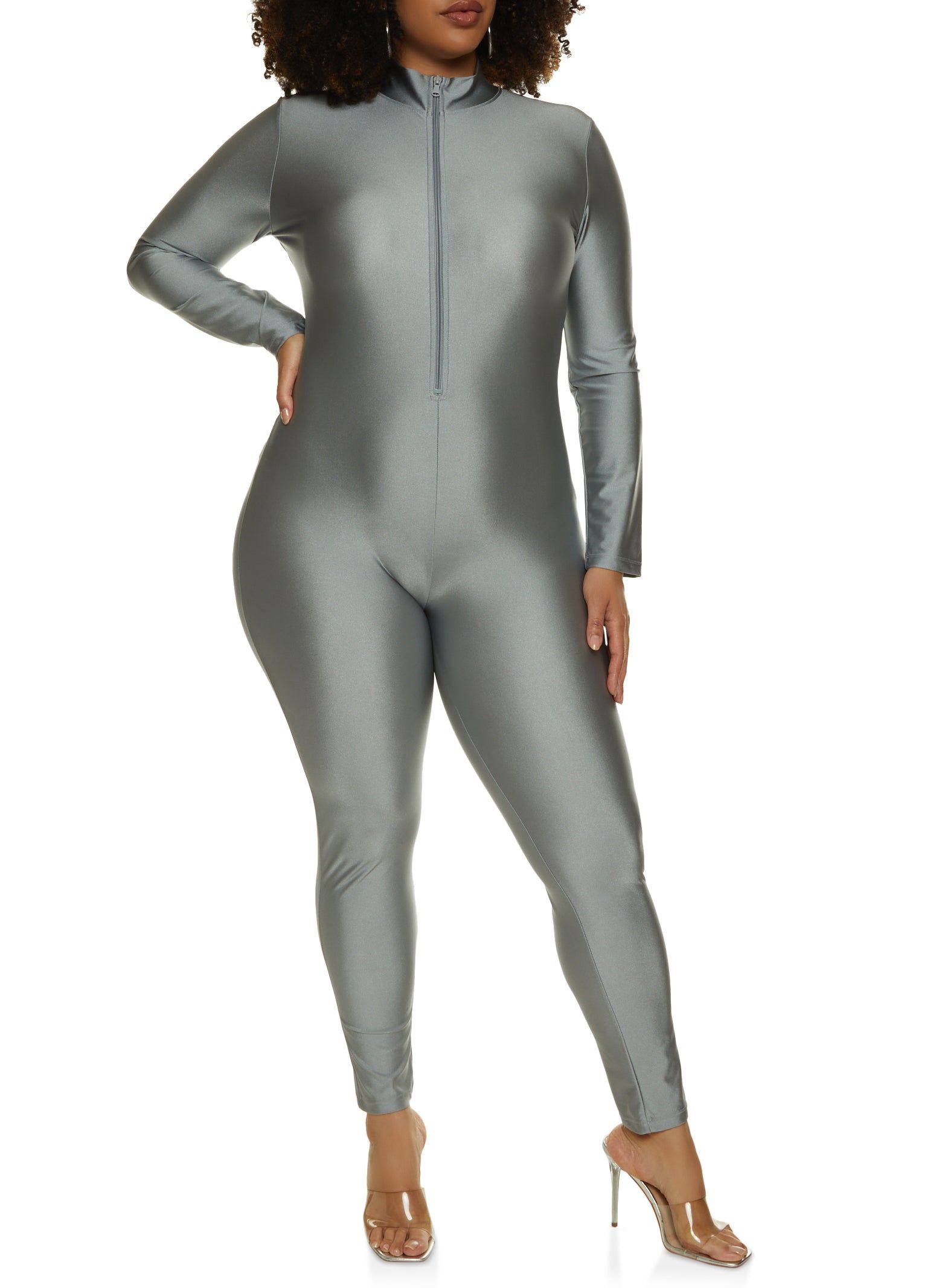 Plus Size Spandex Half Zip Jumpsuit sold by Rainbow