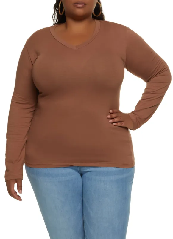 Plus Size Long Sleeve V Neck Basic Tee sold by Rainbow