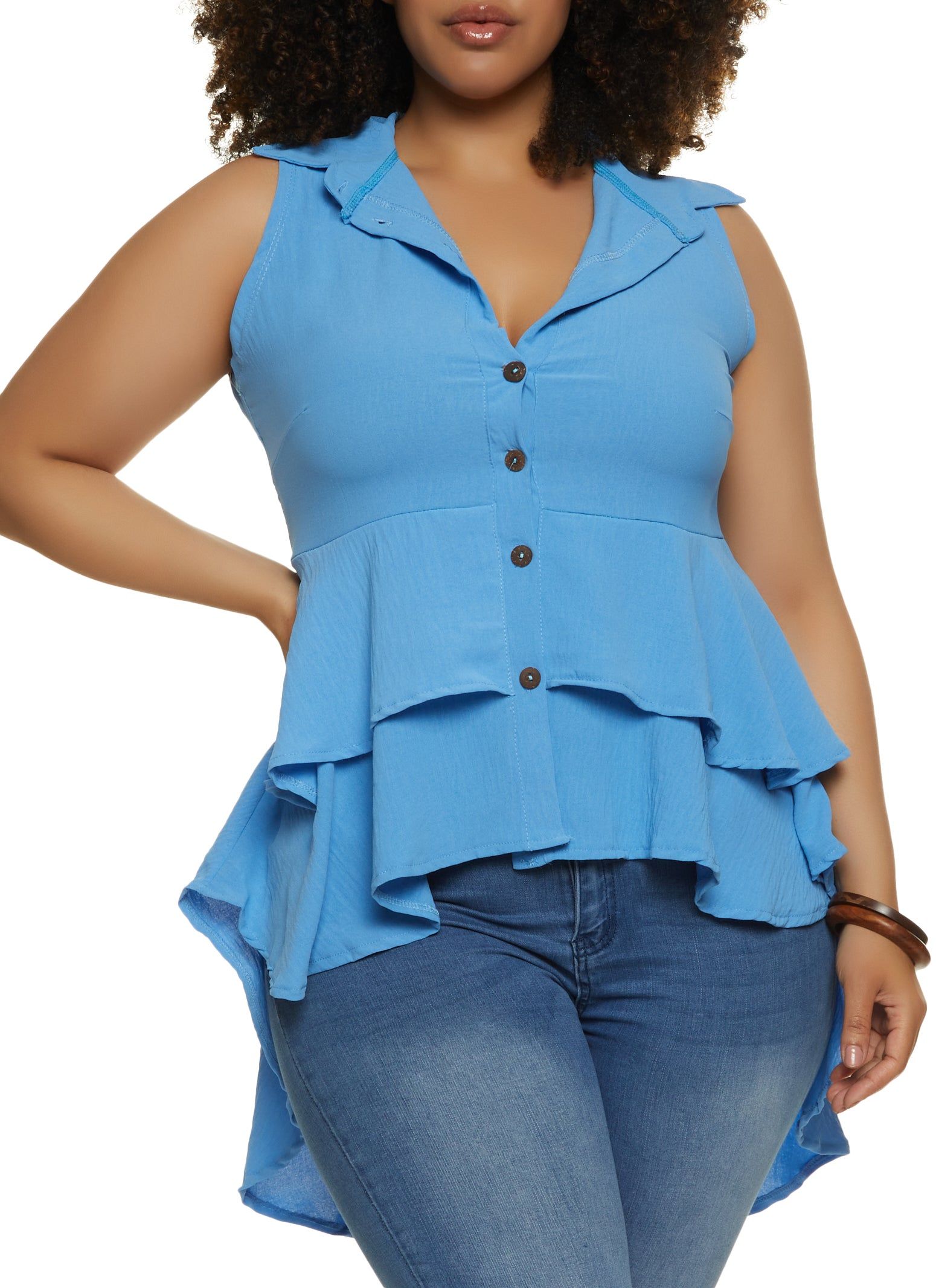 Plus Size Button Front Tiered High Low Shirt sold by Rainbow