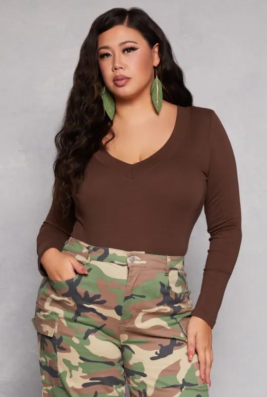 Plus Size Solid V Neck Long Sleeve Tee sold by Rainbow