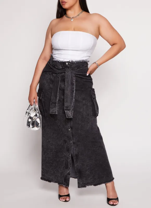 Plus Size Tie Waist Frayed Hem Denim Maxi Skirt sold by Rainbow