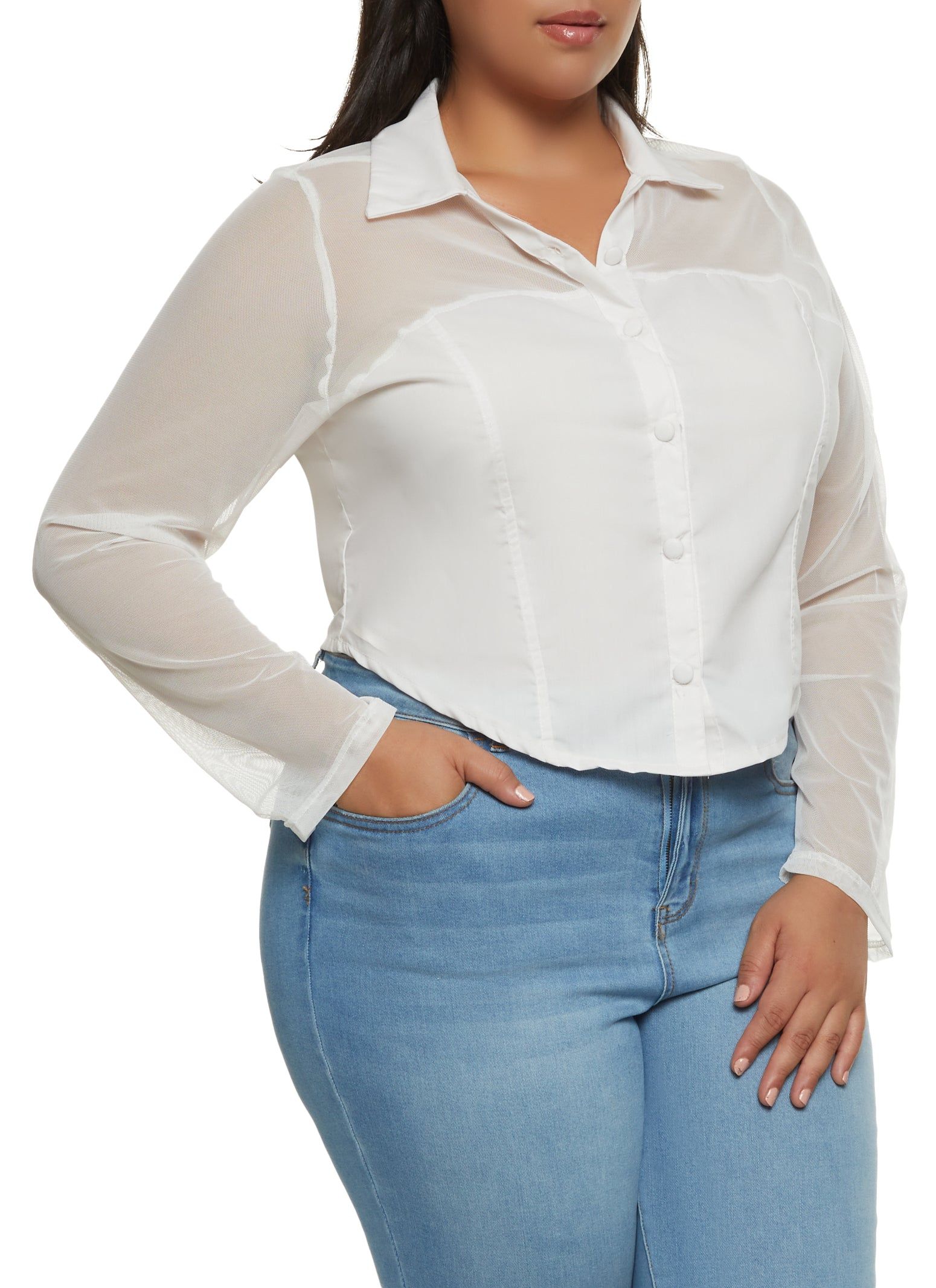 Plus Size Mesh Sleeve Button Front Shirt sold by Rainbow
