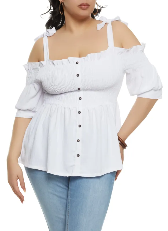 Plus Size Smocked Button Front Cold Shoulder Top sold by Rainbow
