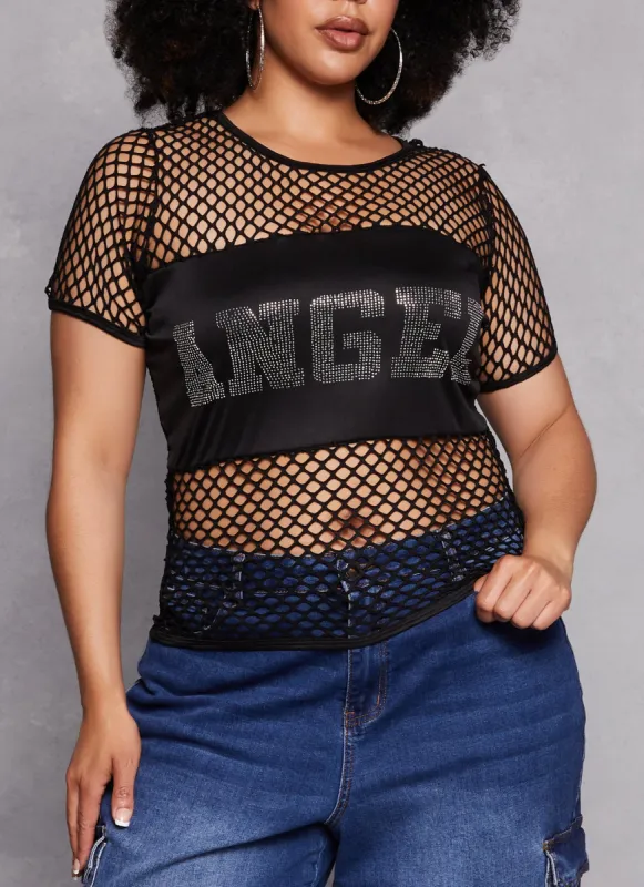 Plus Size Fishnet Angel Rhinestone Graphic Tee sold by Rainbow