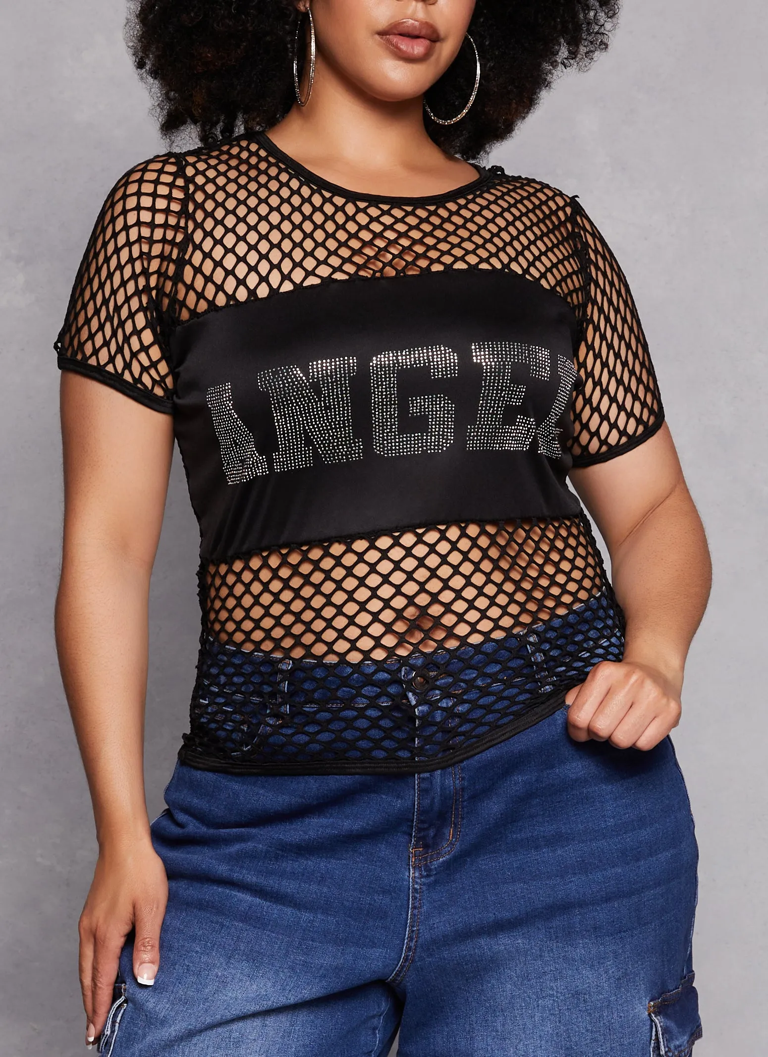 Plus Size Fishnet Angel Rhinestone Graphic Tee sold by Rainbow