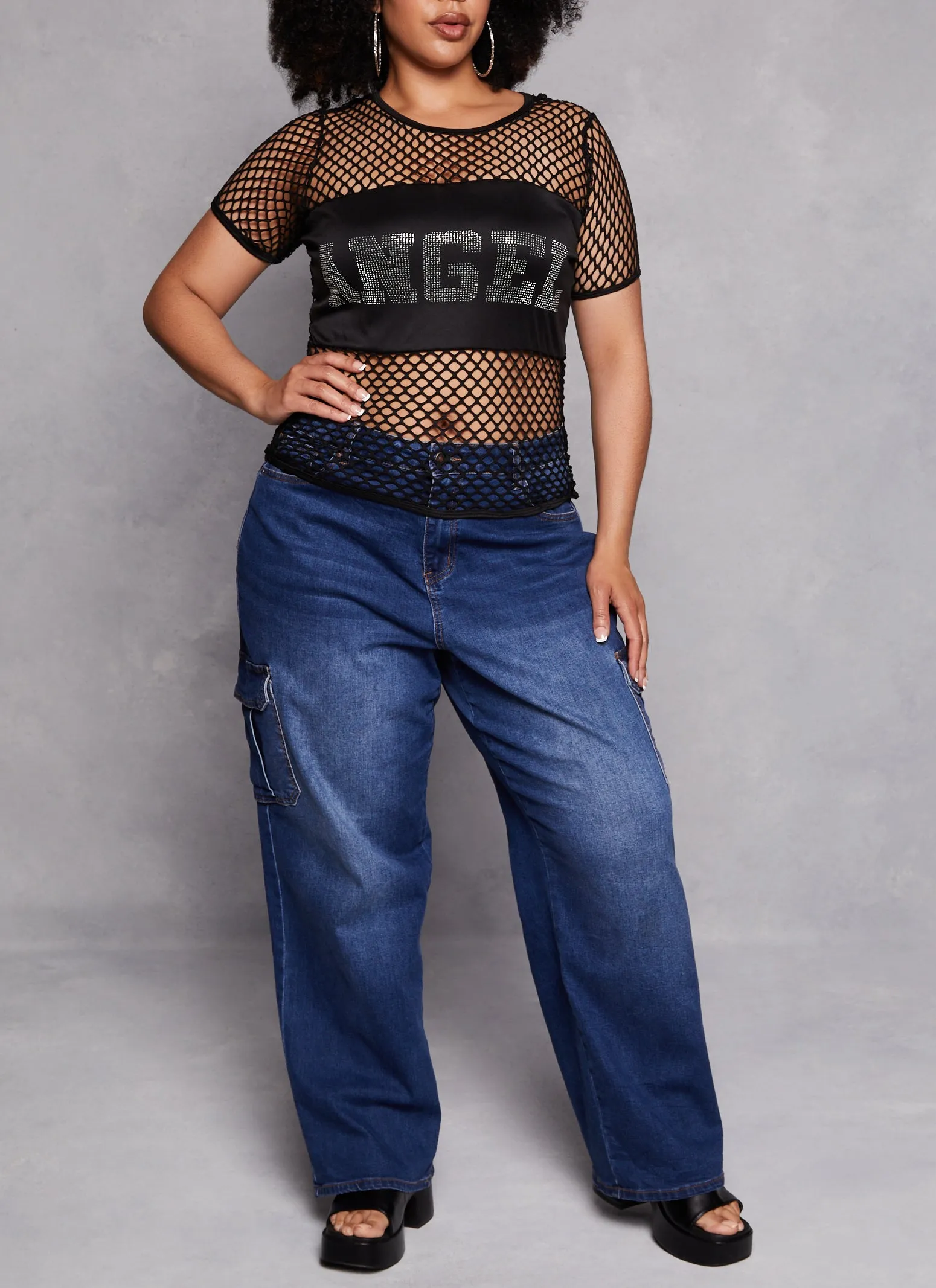 Plus Size Fishnet Angel Rhinestone Graphic Tee sold by Rainbow product image thumbnail 2