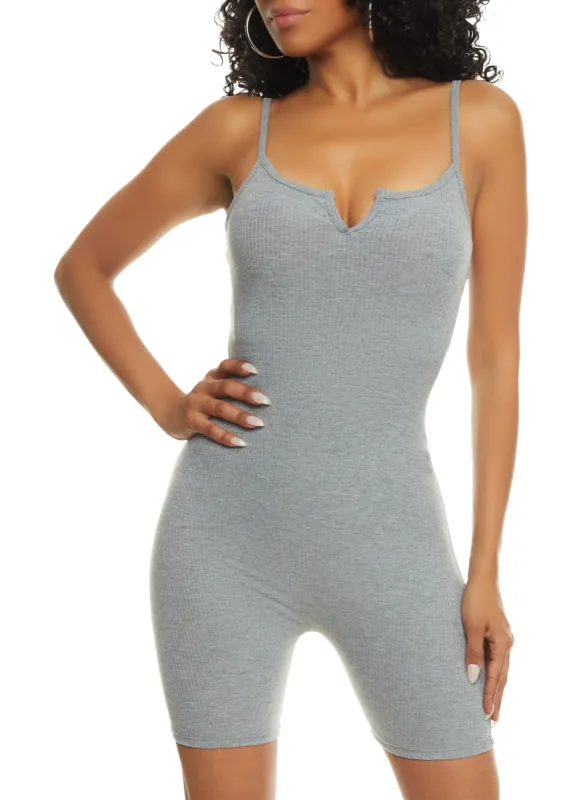Ribbed Solid Notch Neck Cami Romper sold by Rainbow