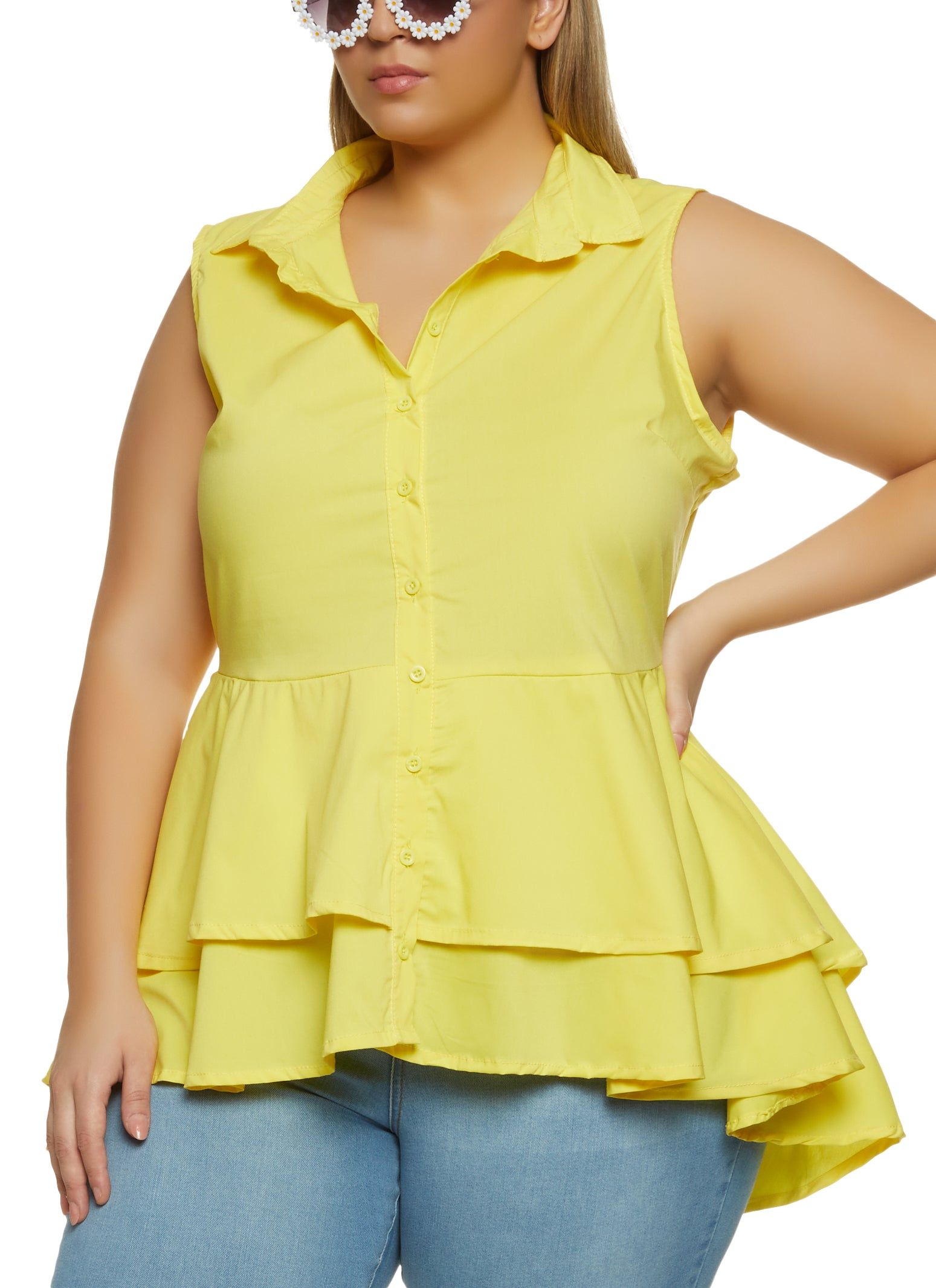 Plus Size Button Front Flounce Hem Blouse sold by Rainbow