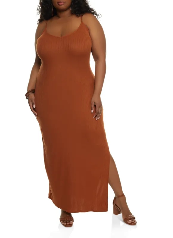 Plus Size Ribbed Knit Side Slit Cami Maxi Dress sold by Rainbow