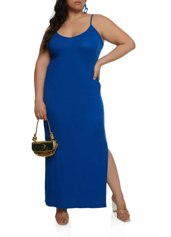 Plus Size Ribbed Knit Side Slit Cami Maxi Dress sold by Rainbow