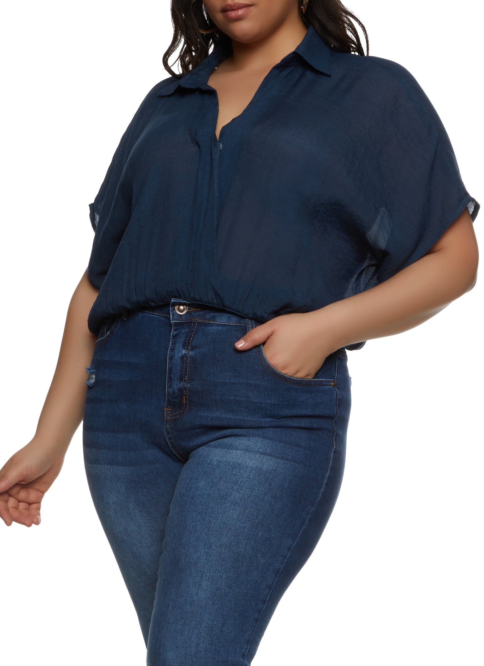 Plus Size Gauze Knit Elastic Waist Cropped Shirt sold by Rainbow