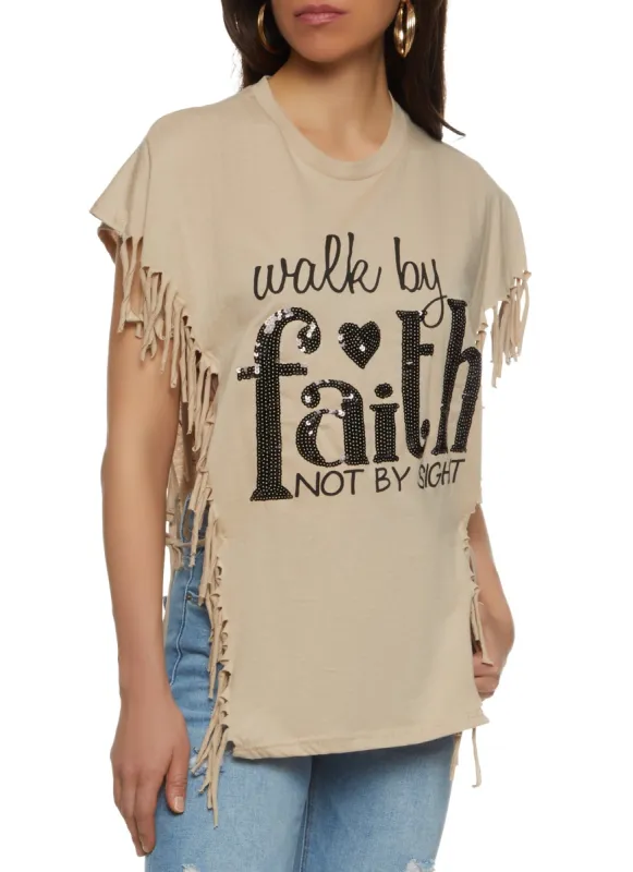 Walk By Faith Not By Sight Sequin Fringe Graphic Top sold by Rainbow