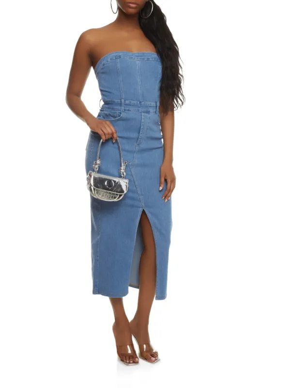 Denim Front Slit Midi Tube Dress sold by Rainbow
