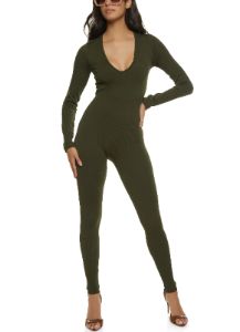 Ribbed Long Sleeve V Neck Jumpsuit sold by Rainbow