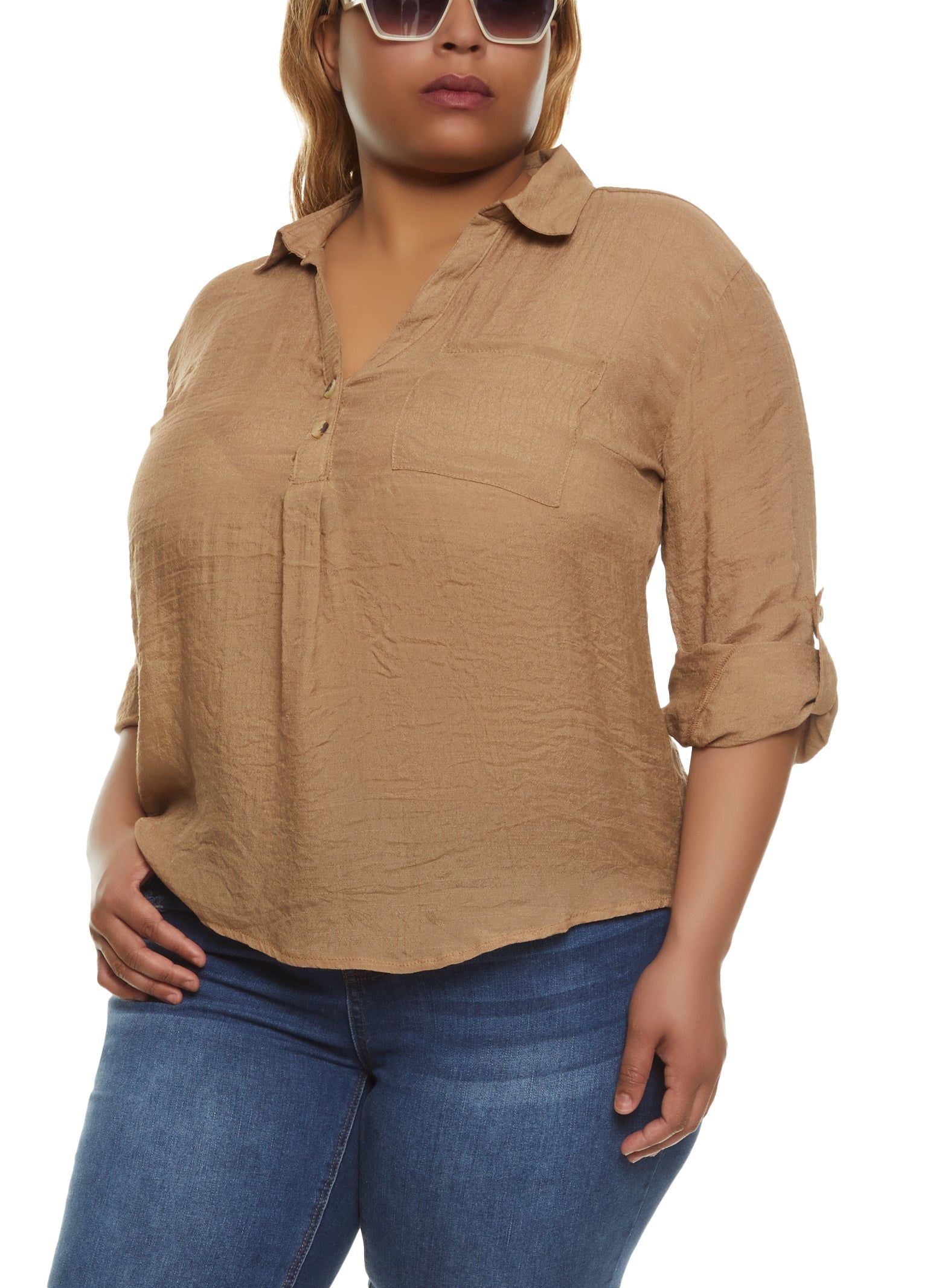 Plus Size Tabbed Sleeve V Neck Shirt sold by Rainbow