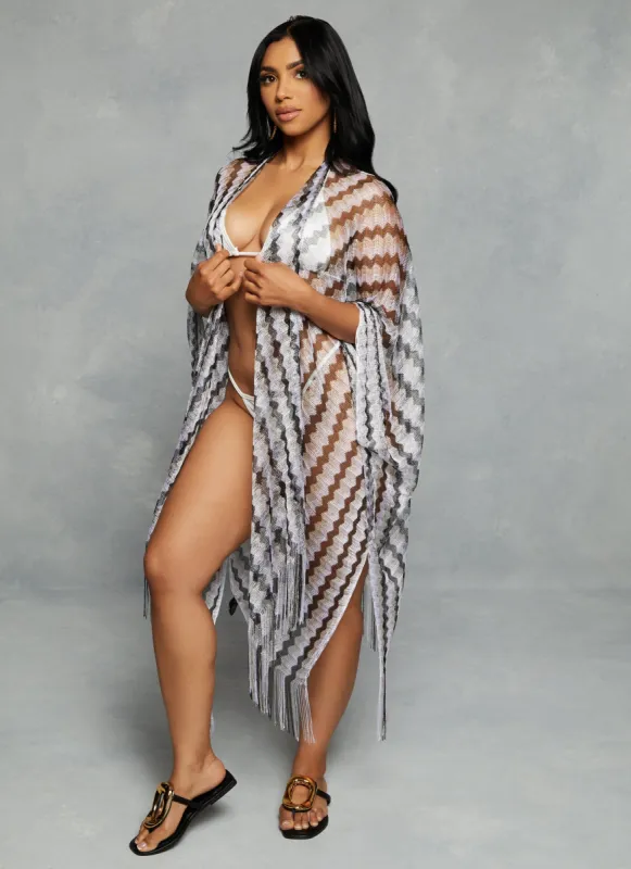 Chevron Fishnet Fringe Hem Swim Cover Up Kimono sold by Rainbow
