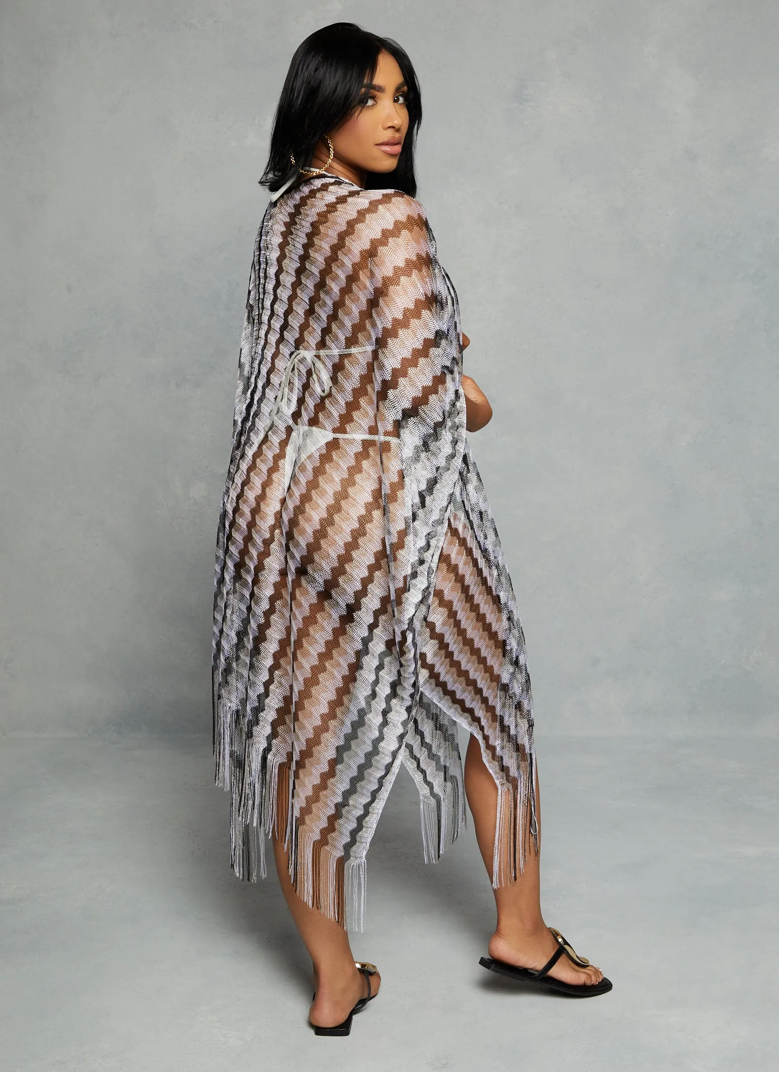Chevron Fishnet Fringe Hem Swim Cover Up Kimono sold by Rainbow product image thumbnail 3