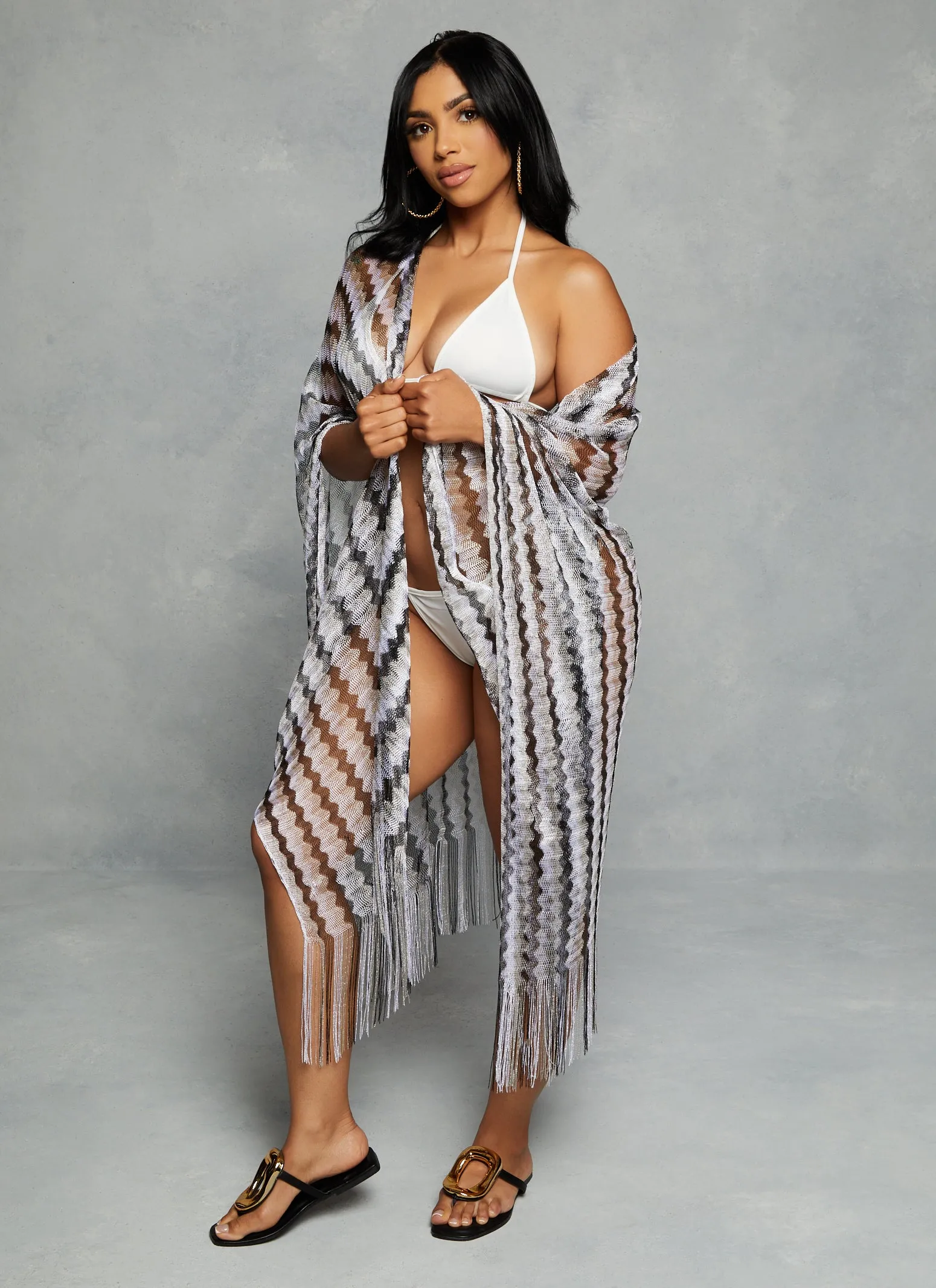 Chevron Fishnet Fringe Hem Swim Cover Up Kimono sold by Rainbow product image thumbnail 2