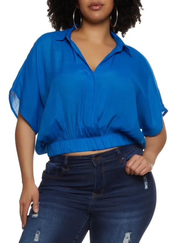 Plus Size Elastic Waist Cropped V Neck Shirt sold by Rainbow