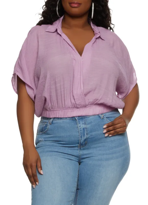 Plus Size Elastic Waist Cropped V Neck Shirt sold by Rainbow