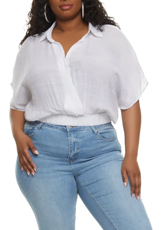 Plus Size Elastic Waist Cropped V Neck Shirt sold by Rainbow