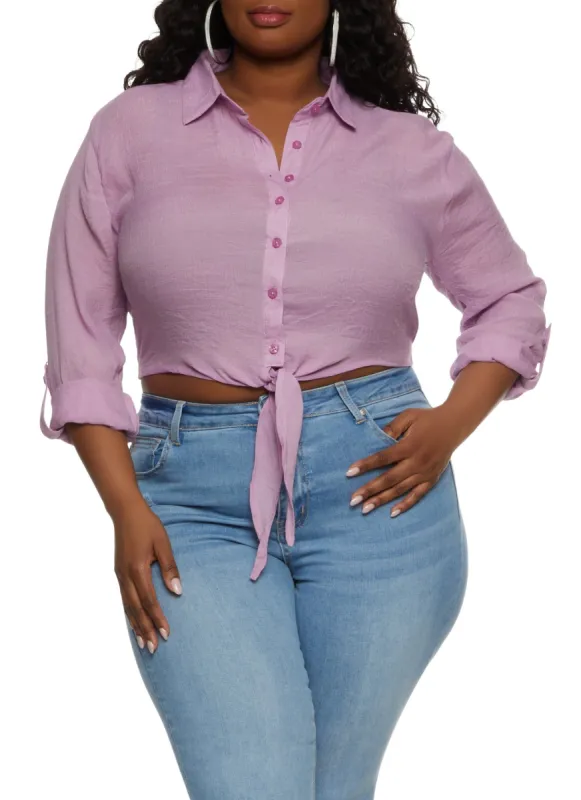 Plus Size Gauze Knit Tie Front Cropped Shirt sold by Rainbow