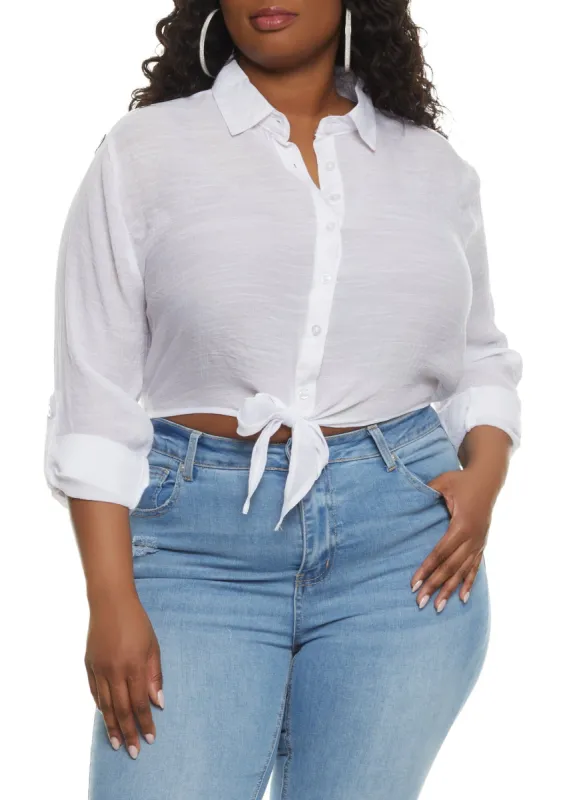 Plus Size Gauze Knit Tie Front Cropped Shirt sold by Rainbow