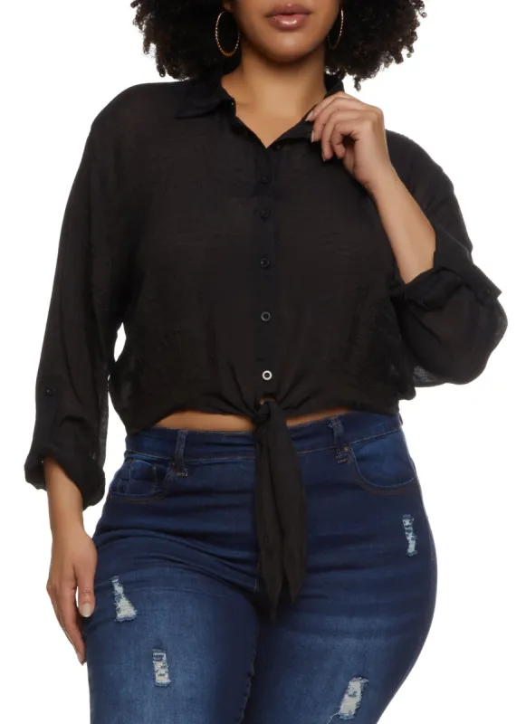 Plus Size Gauze Knit Tie Front Cropped Shirt sold by Rainbow