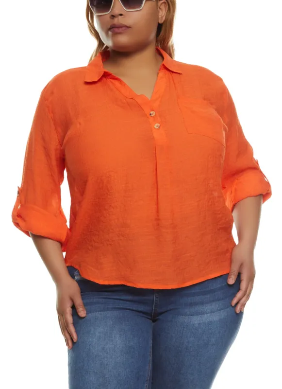 Plus Size Tabbed Sleeve V Neck Shirt sold by Rainbow
