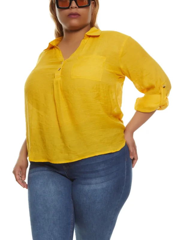 Plus Size Tabbed Sleeve V Neck Shirt sold by Rainbow