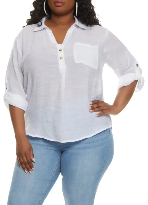 Plus Size Tabbed Sleeve V Neck Shirt sold by Rainbow