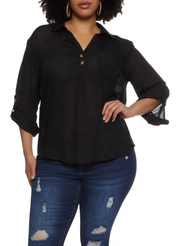 Plus Size Tabbed Sleeve V Neck Shirt sold by Rainbow