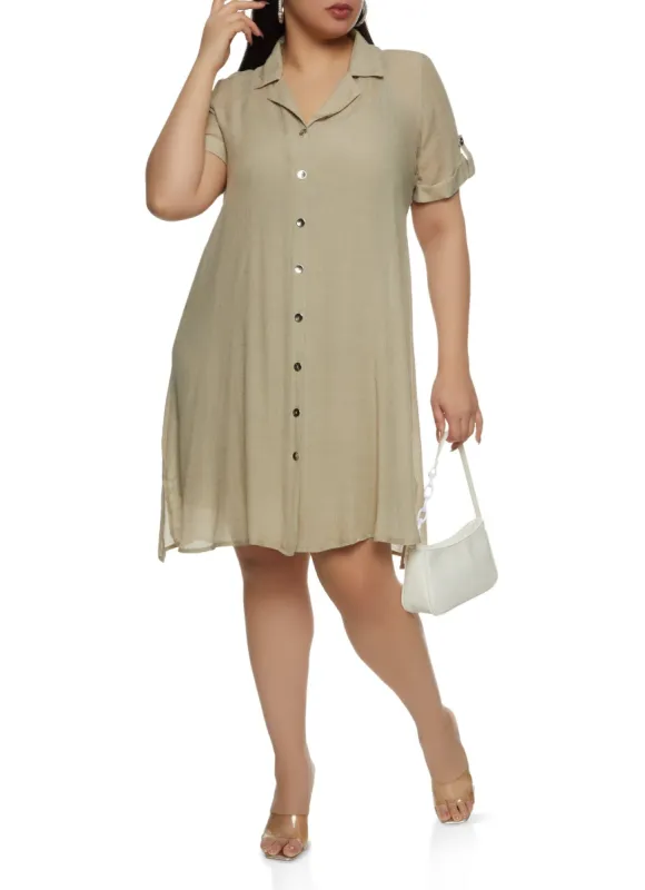 Plus Size Button Front Shirt Mini Dress sold by Rainbow