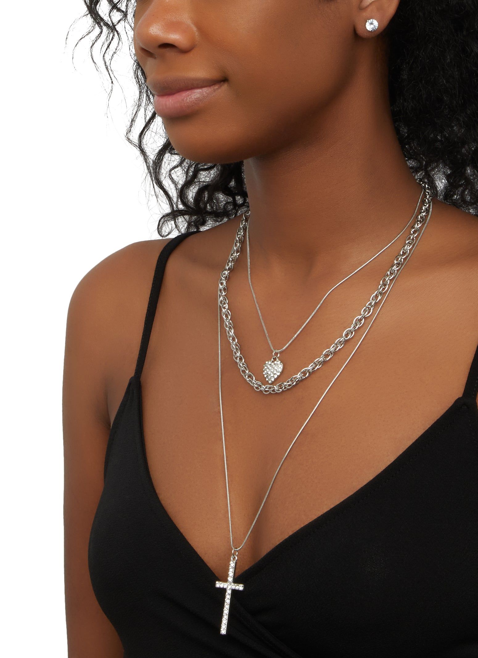 Rhinestone Heart Cross Layered Necklace and Stud Earring Set sold by Rainbow