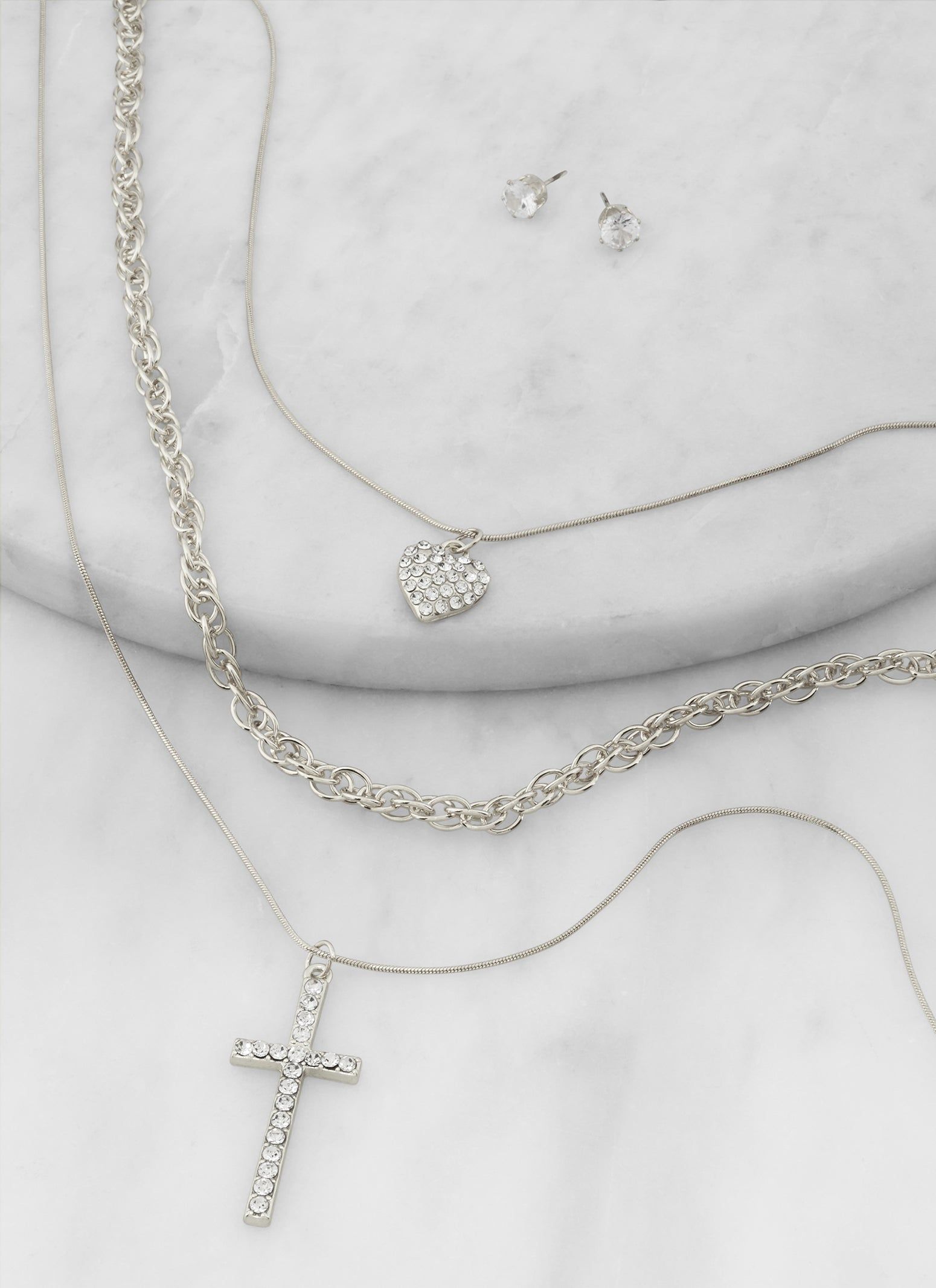 Rhinestone Heart Cross Layered Necklace and Stud Earring Set sold by Rainbow product image thumbnail 2