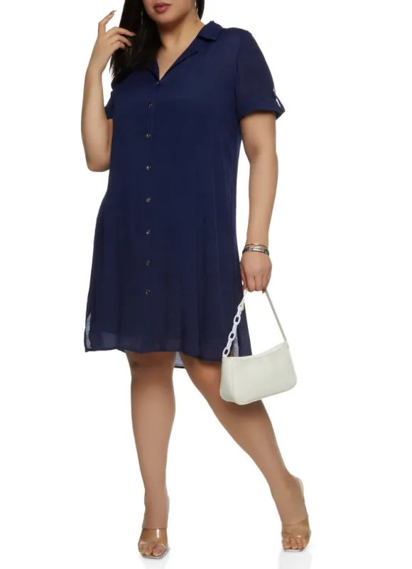 Plus Size Button Front Shirt Mini Dress sold by Rainbow