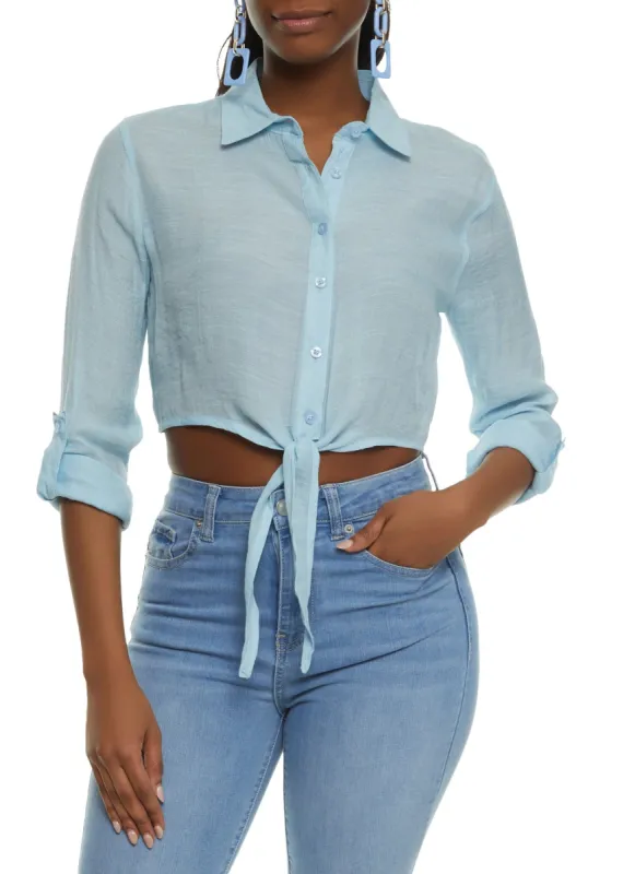 Long Sleeve Tie Front Cropped Shirt sold by Rainbow