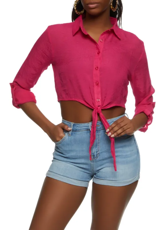 Long Sleeve Tie Front Cropped Shirt sold by Rainbow