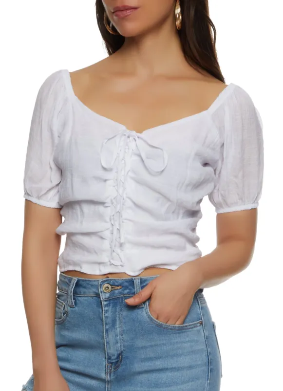 Puff Sleeve Lace Up Crop Top sold by Rainbow
