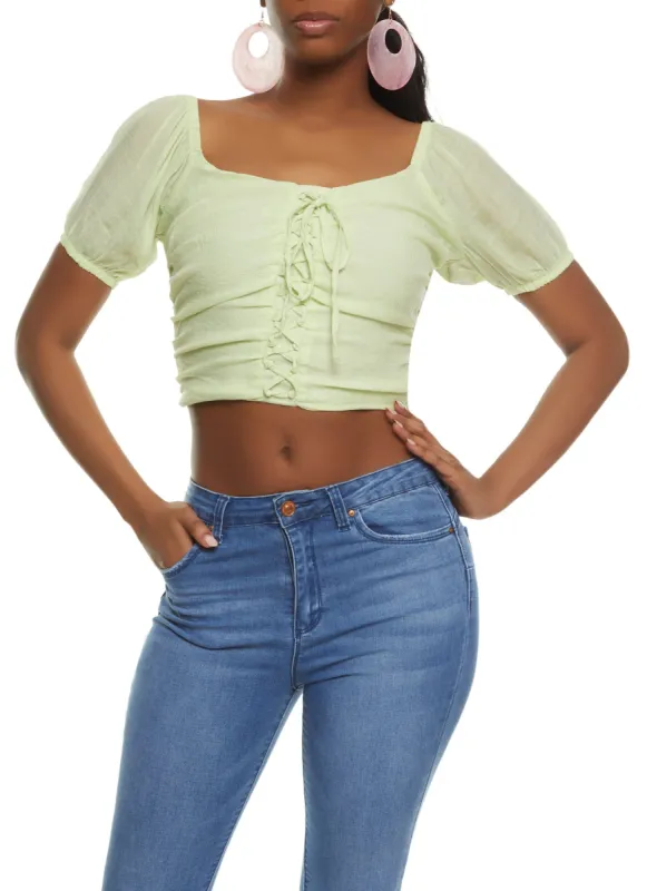 Puff Sleeve Lace Up Crop Top sold by Rainbow
