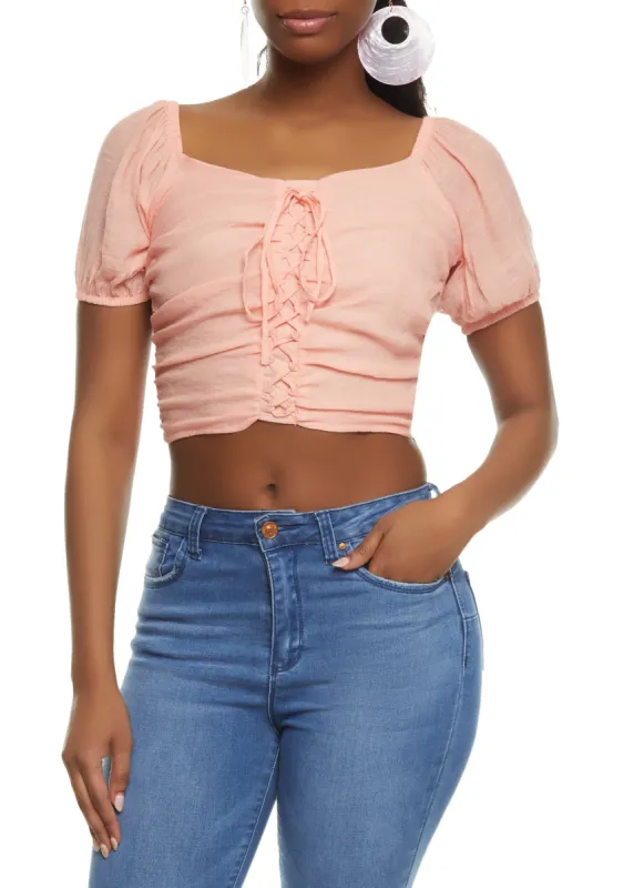 Puff Sleeve Lace Up Crop Top sold by Rainbow