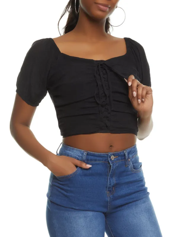 Puff Sleeve Lace Up Crop Top sold by Rainbow