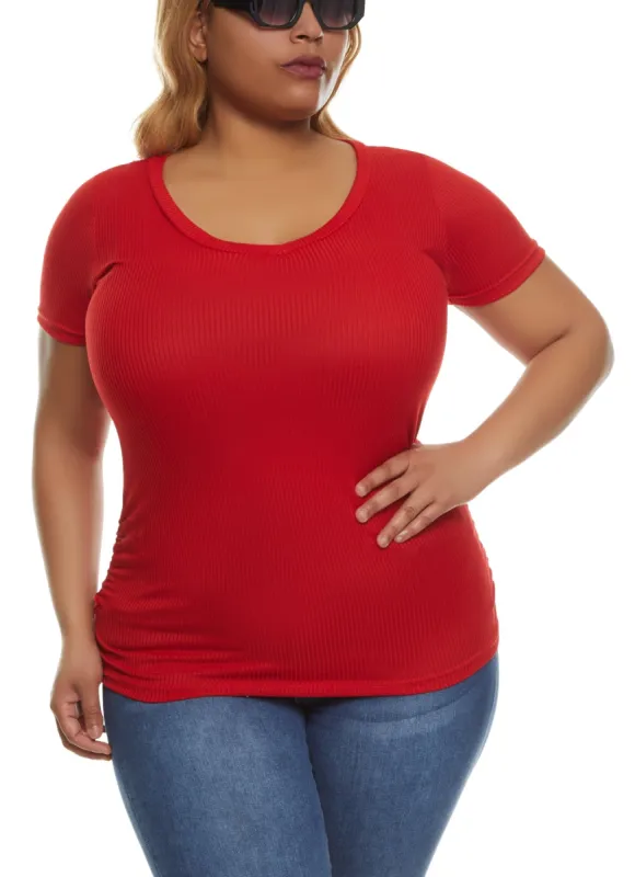 Plus Size Rib Knit Ruched Side V Neck Tee sold by Rainbow