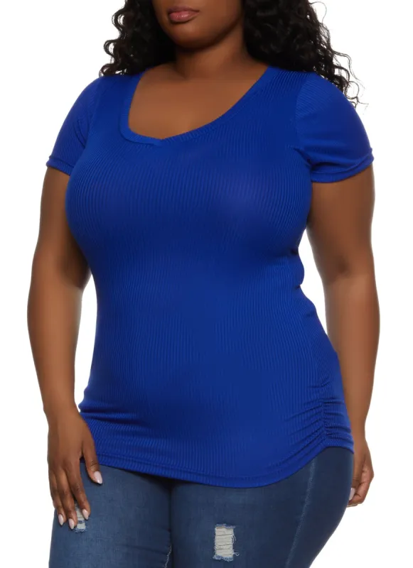 Plus Size Rib Knit Ruched Side V Neck Tee sold by Rainbow