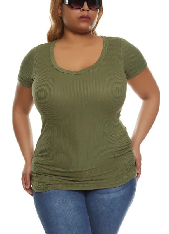 Plus Size Rib Knit Ruched Side V Neck Tee sold by Rainbow