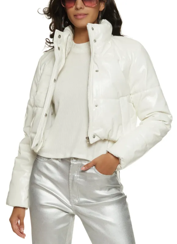 Faux Patent Leather Zip Front Puffer Jacket sold by Rainbow