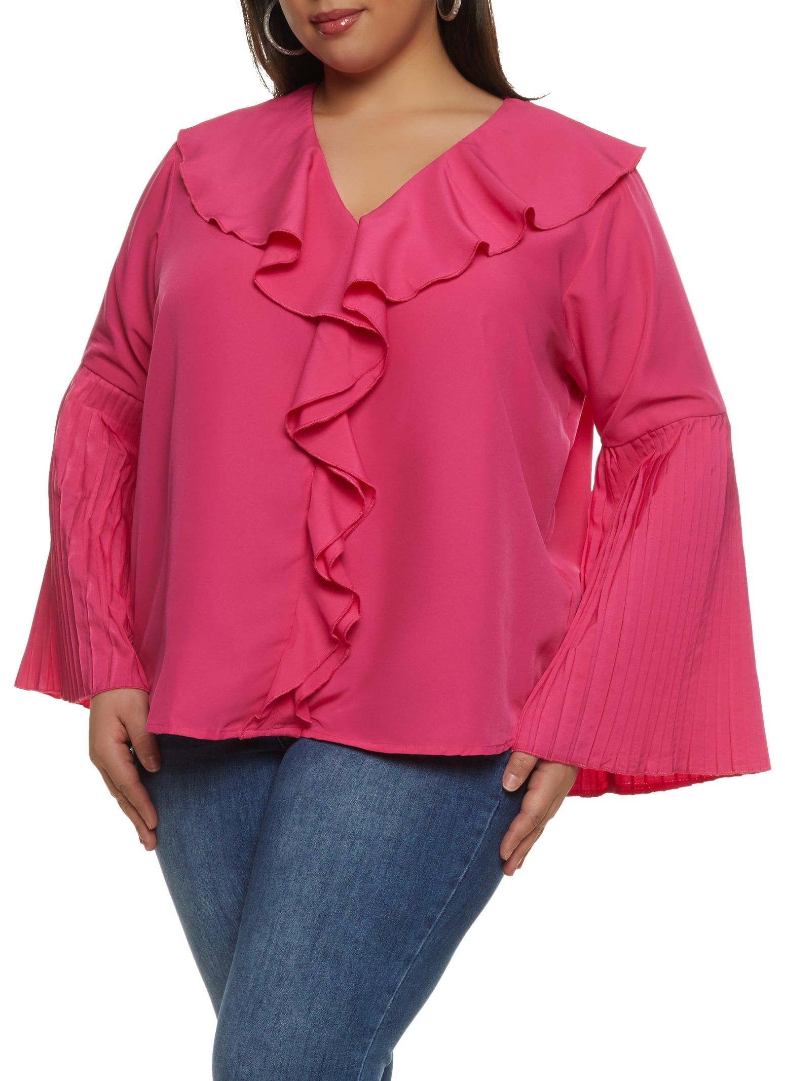 Plus Size Pleated Bell Sleeve Ruffle Front Blouse sold by Rainbow