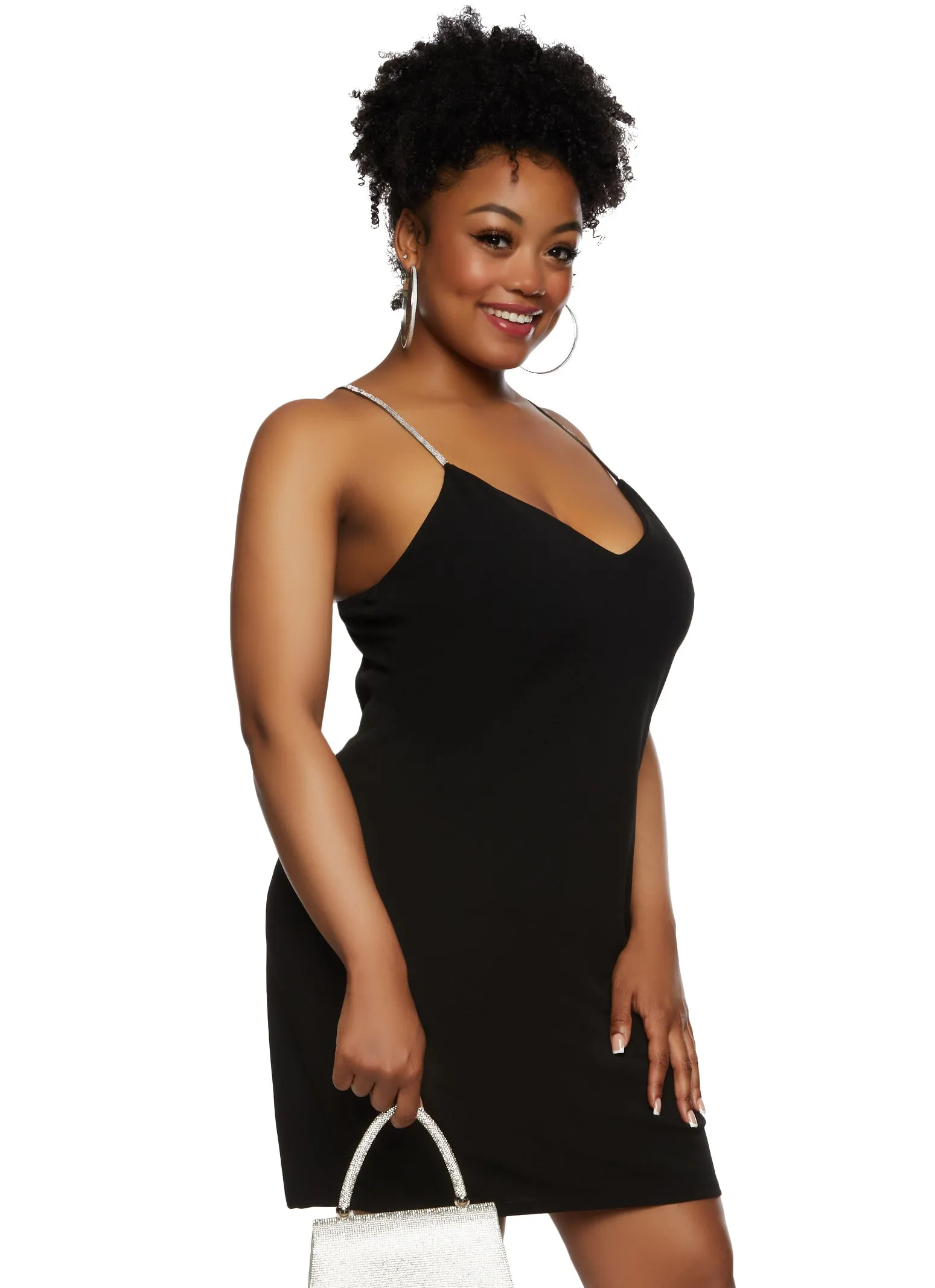 Plus Size Iris Rhinestone Strap V Neck Mini Dress sold by Rainbow