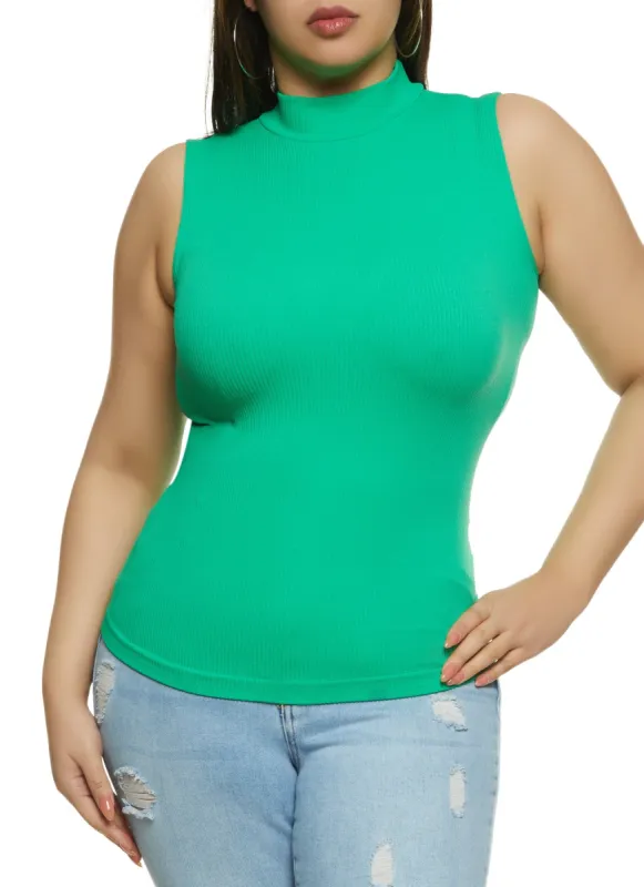 Plus Size Seamless Ribbed Knit Mock Neck Tank Top sold by Rainbow