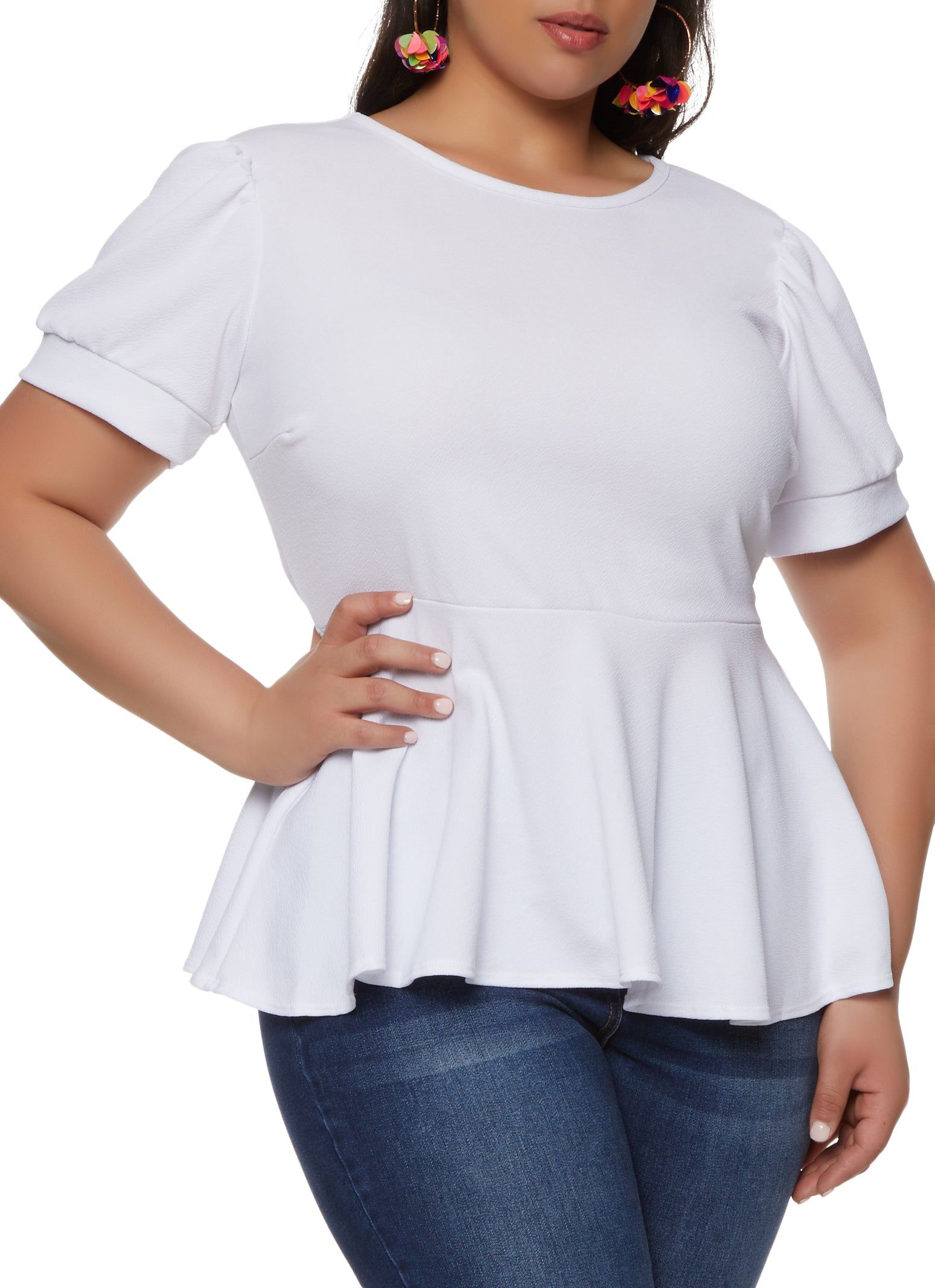 Plus Size Solid Crepe Knit Peplum Top sold by Rainbow